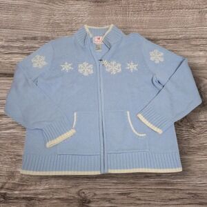 Quaker Factory Full Zip Snowflake Cardigan Sweater Baby Blue size Large